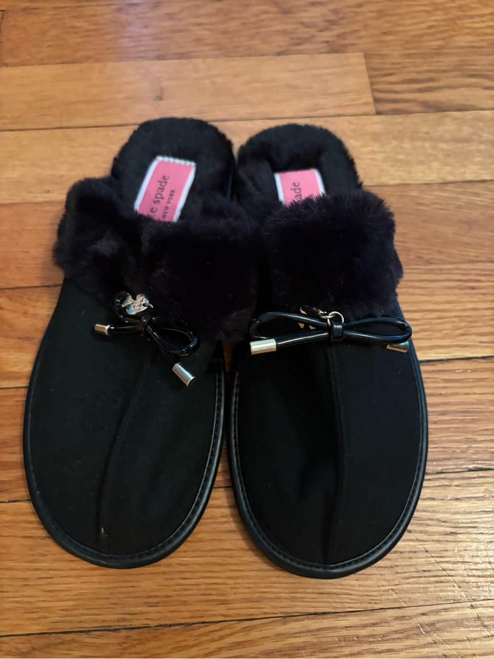 NWOT Kate Spade Black Fur-Trim Slippers sz 6